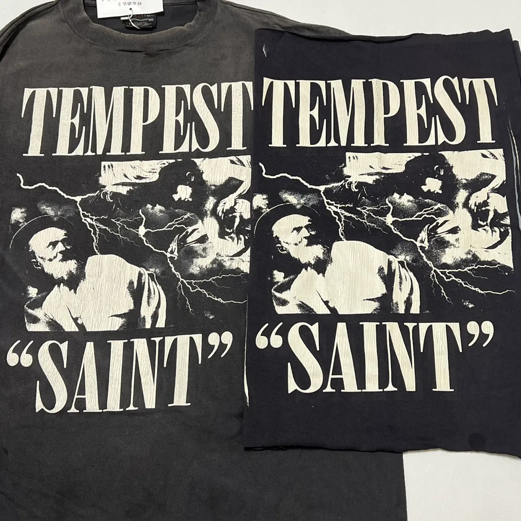 Top printing technology Purchasing agent level SAINT Mxxxxxx LS TEE/TEMPEST/BLK 'TEMPEST SAINT' Storm Religious Saint Crack Retro Vulcanization Rewashed Water Long Sleeves Washed Black S-XL Assute Dyeing Multi-digit horse fading process Hand polished hanging holes Full of old feel